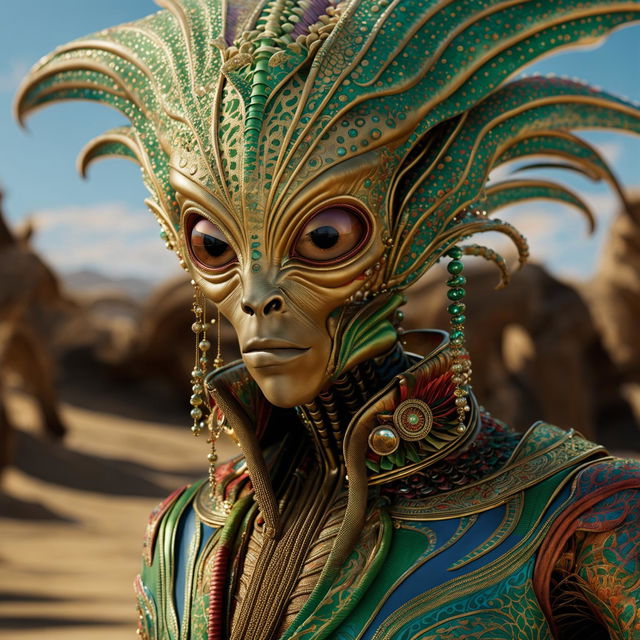 Hyper-realistic 3D photograph of an opulent Egyptian alien in rococo attire against a desert backdrop. Close-up shot capturing vibrant colours and intricate details with a cinematic quality.