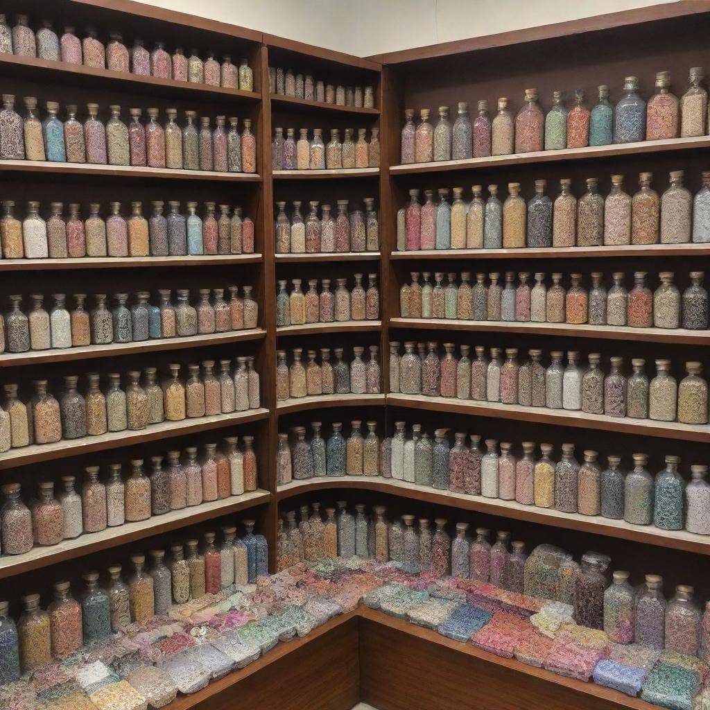 A charmingly compact Islamic store displaying exactly 40 items - an array of Ittar bottles, meticulously crafted Hijabs, and elegantly-bound Islamic books, with no human presence.