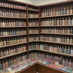 A charmingly compact Islamic store displaying exactly 40 items - an array of Ittar bottles, meticulously crafted Hijabs, and elegantly-bound Islamic books, with no human presence.