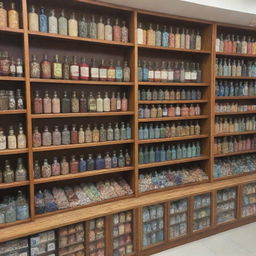 A charmingly compact Islamic store displaying exactly 40 items - an array of Ittar bottles, meticulously crafted Hijabs, and elegantly-bound Islamic books, with no human presence.