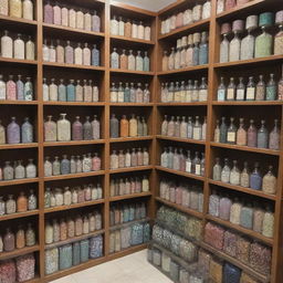 A charmingly compact Islamic store displaying exactly 40 items - an array of Ittar bottles, meticulously crafted Hijabs, and elegantly-bound Islamic books, with no human presence.