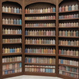 A charmingly compact Islamic store displaying exactly 40 items - an array of Ittar bottles, meticulously crafted Hijabs, and elegantly-bound Islamic books, with no human presence.