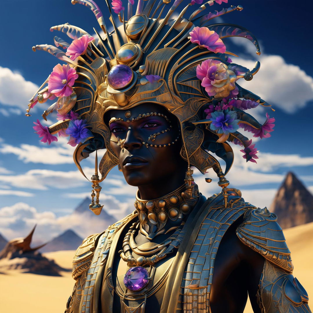 Hyper-realistic 3D photograph of a majestic black Egyptian alien pharaoh in rococo attire against a desert backdrop, with vibrant flowers and alien structures adding to the fantasy vibe.