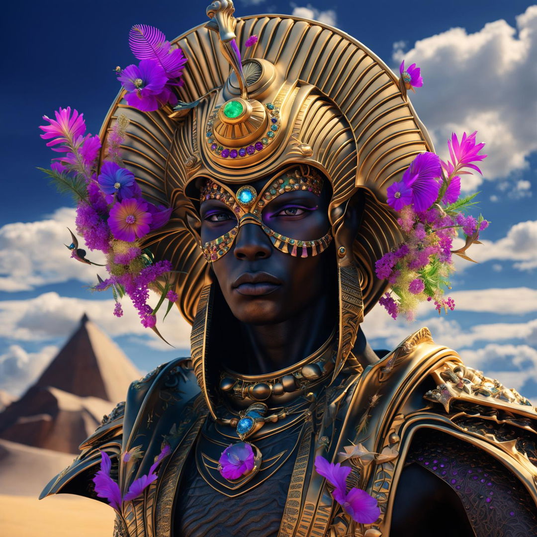 Hyper-realistic 3D photograph of a majestic black Egyptian alien pharaoh in rococo attire against a desert backdrop, with vibrant flowers and alien structures adding to the fantasy vibe.