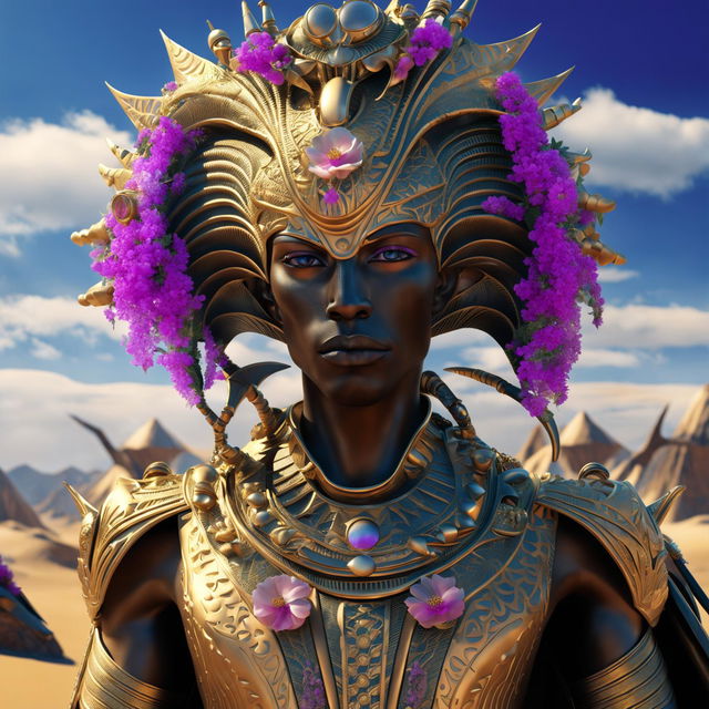 Hyper-realistic 3D photograph of a majestic black Egyptian alien pharaoh in rococo attire against a desert backdrop, with vibrant flowers and alien structures adding to the fantasy vibe.