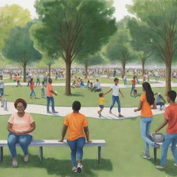 An illustration of 'Social Benefit'. Depict a thriving community park with diverse individuals engaged in activities that foster fellowship and cooperation, underscoring the elements of mutuality and social wellbeing.