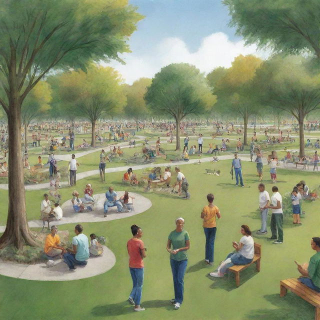 An illustration of 'Social Benefit'. Depict a thriving community park with diverse individuals engaged in activities that foster fellowship and cooperation, underscoring the elements of mutuality and social wellbeing.