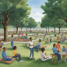 An illustration of 'Social Benefit'. Depict a thriving community park with diverse individuals engaged in activities that foster fellowship and cooperation, underscoring the elements of mutuality and social wellbeing.