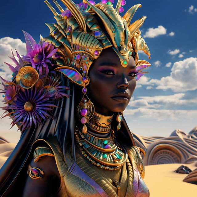 Hyper-realistic 3D photograph of a majestic black Egyptian alien female pharaoh in rococo attire against a desert backdrop, with vibrant flowers and alien structures adding to the fantasy vibe.