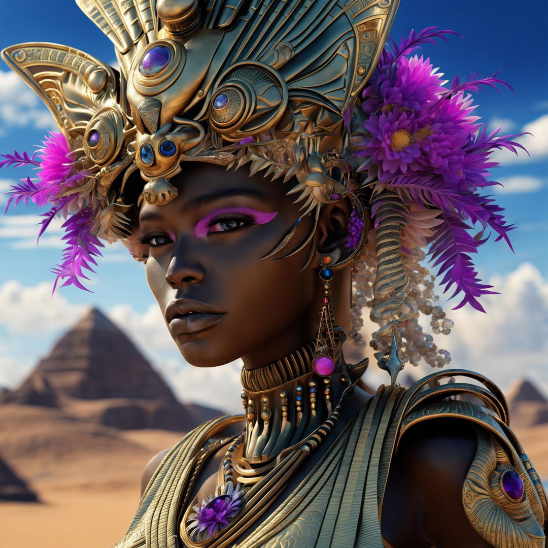 Hyper-realistic 3D photograph of a majestic black Egyptian alien female pharaoh in rococo attire against a desert backdrop, with vibrant flowers and alien structures adding to the fantasy vibe.