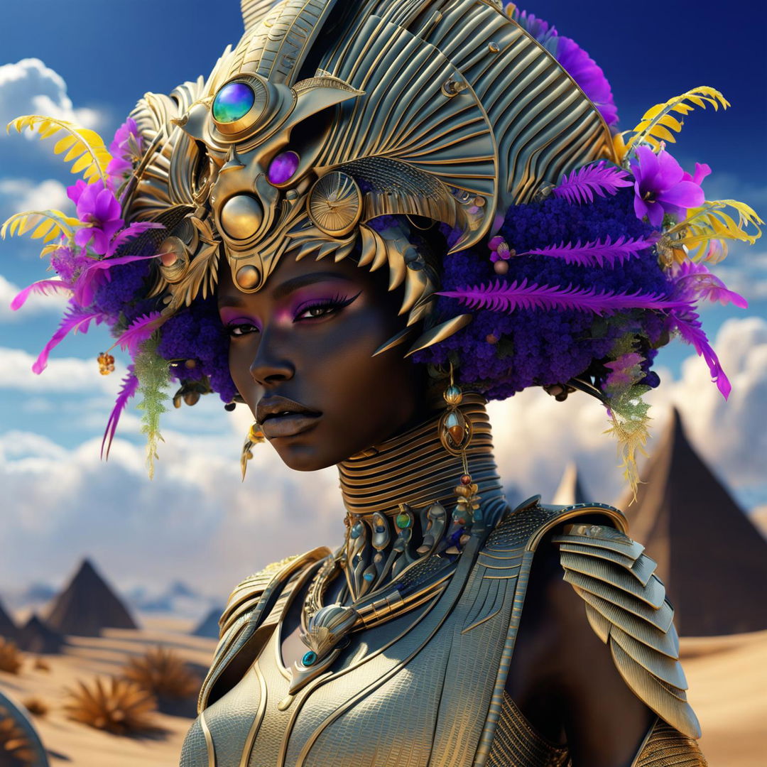 Hyper-realistic 3D photograph of a majestic black Egyptian alien female pharaoh in rococo attire against a desert backdrop, with vibrant flowers and alien structures adding to the fantasy vibe.