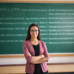 A knowledgeable and inspiring teacher standing at the front of a vibrant classroom, with chalkboard full of complex equations. She radiates wisdom, passion and patience.