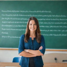 A knowledgeable and inspiring teacher standing at the front of a vibrant classroom, with chalkboard full of complex equations. She radiates wisdom, passion and patience.