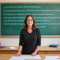 A knowledgeable and inspiring teacher standing at the front of a vibrant classroom, with chalkboard full of complex equations. She radiates wisdom, passion and patience.