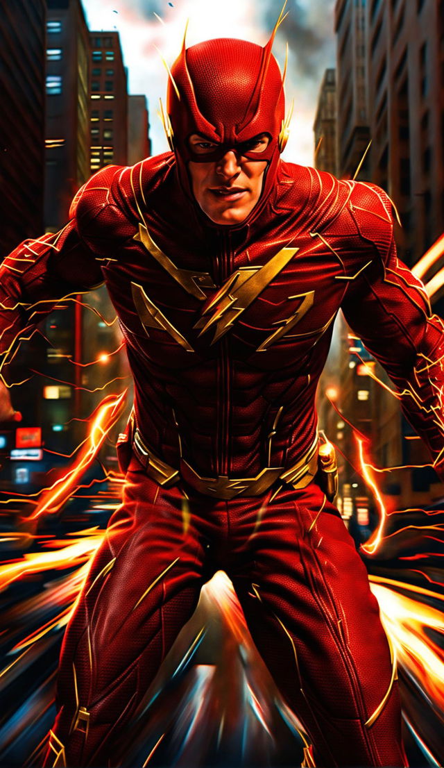 Hyperrealistic digital art of DC superhero Flash in his iconic red and gold suit, with a blurred cityscape in the background.