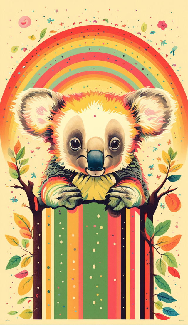 A high-quality digital poster featuring a cute koala in a retro style, set against a pastel rainbow background