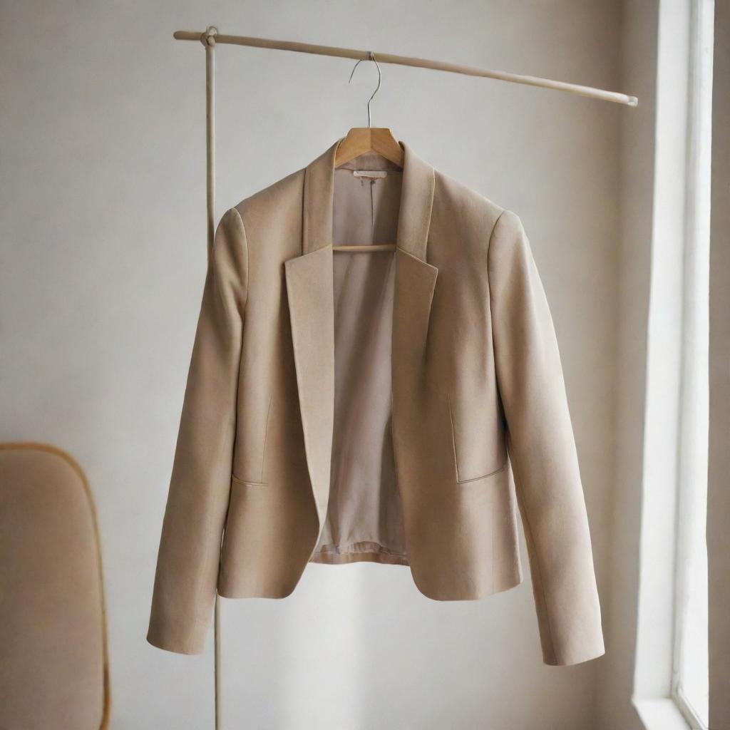 A stylish, high-quality jacket draped over a hanger in a softly lit room.