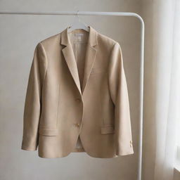 A stylish, high-quality jacket draped over a hanger in a softly lit room.