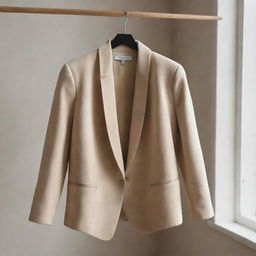 A stylish, high-quality jacket draped over a hanger in a softly lit room.