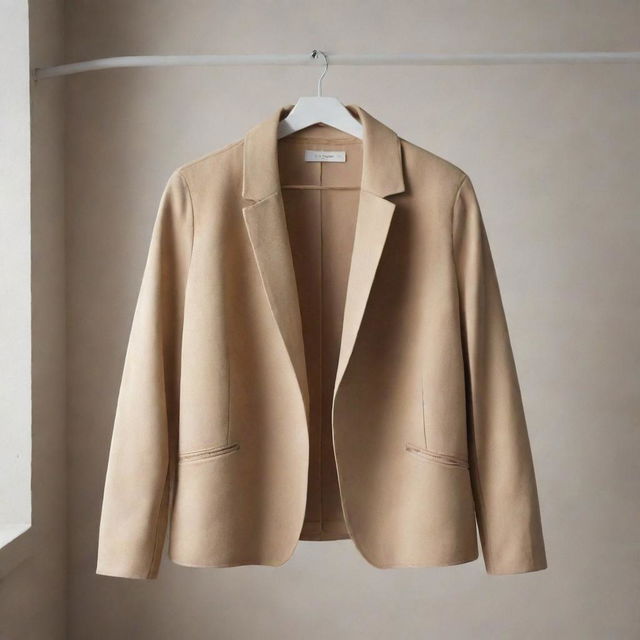 A stylish, high-quality jacket draped over a hanger in a softly lit room.