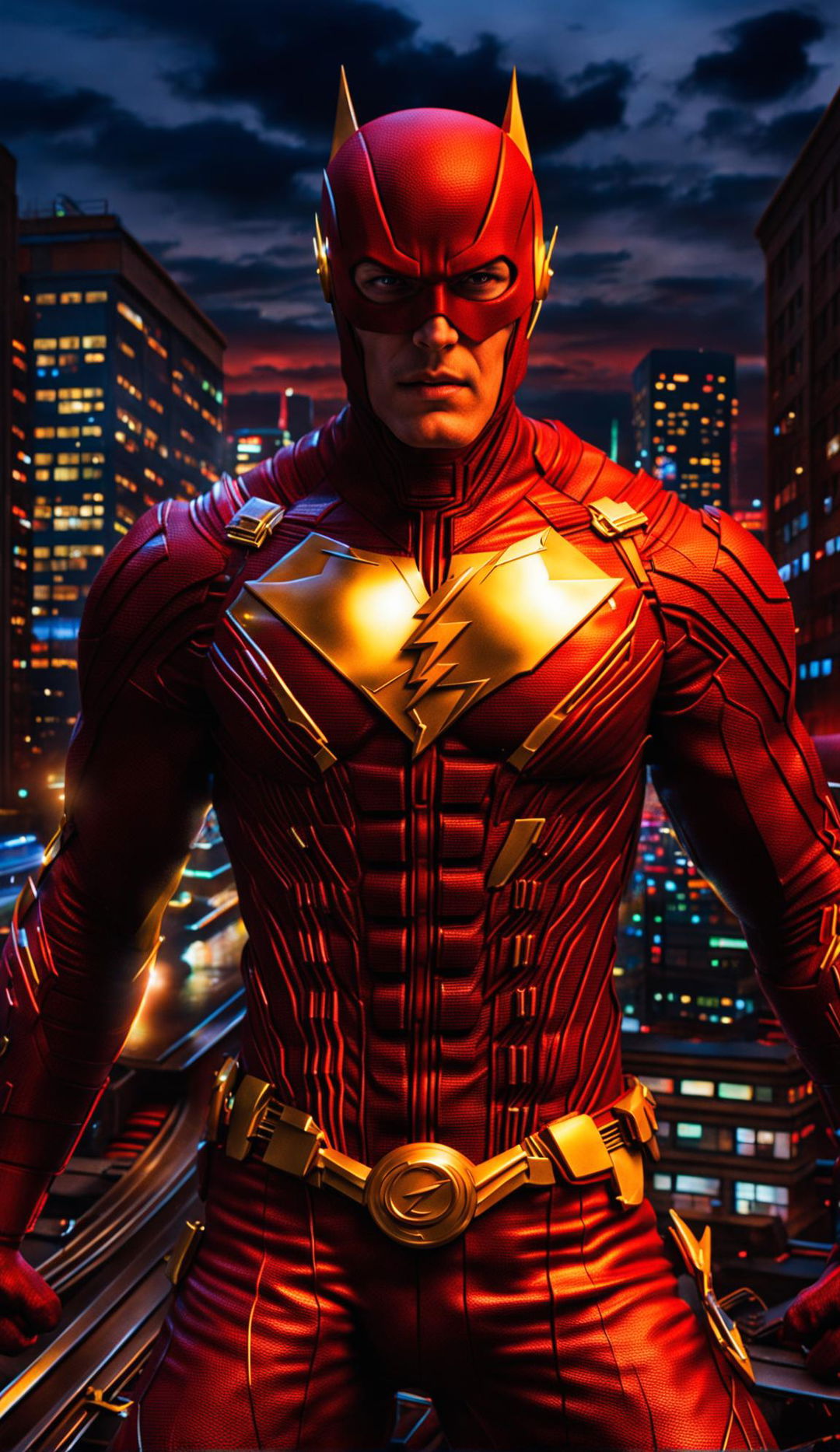 3D render of DC superhero Flash in his iconic red and gold suit, with a cityscape in the background.