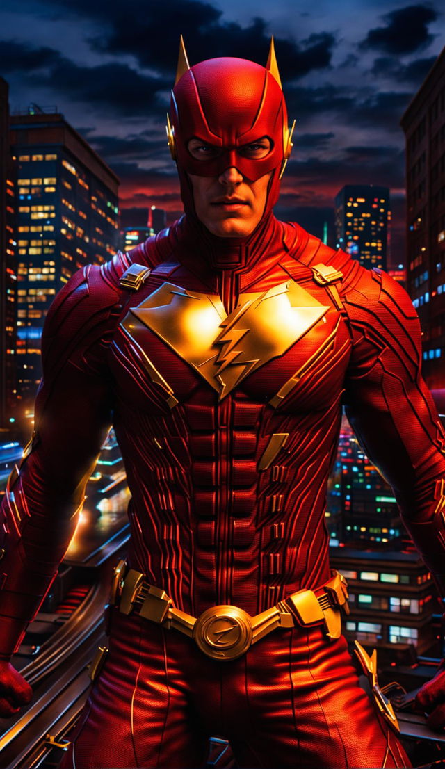 3D render of DC superhero Flash in his iconic red and gold suit, with a cityscape in the background.