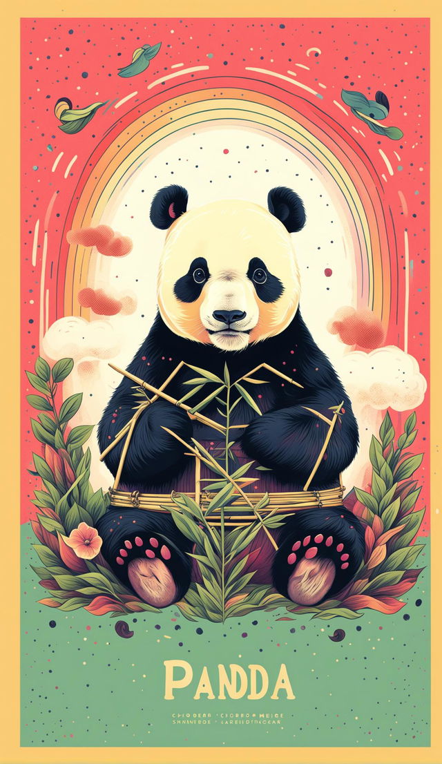 A high-quality digital poster featuring a cute panda in a retro style, set against a pastel rainbow background