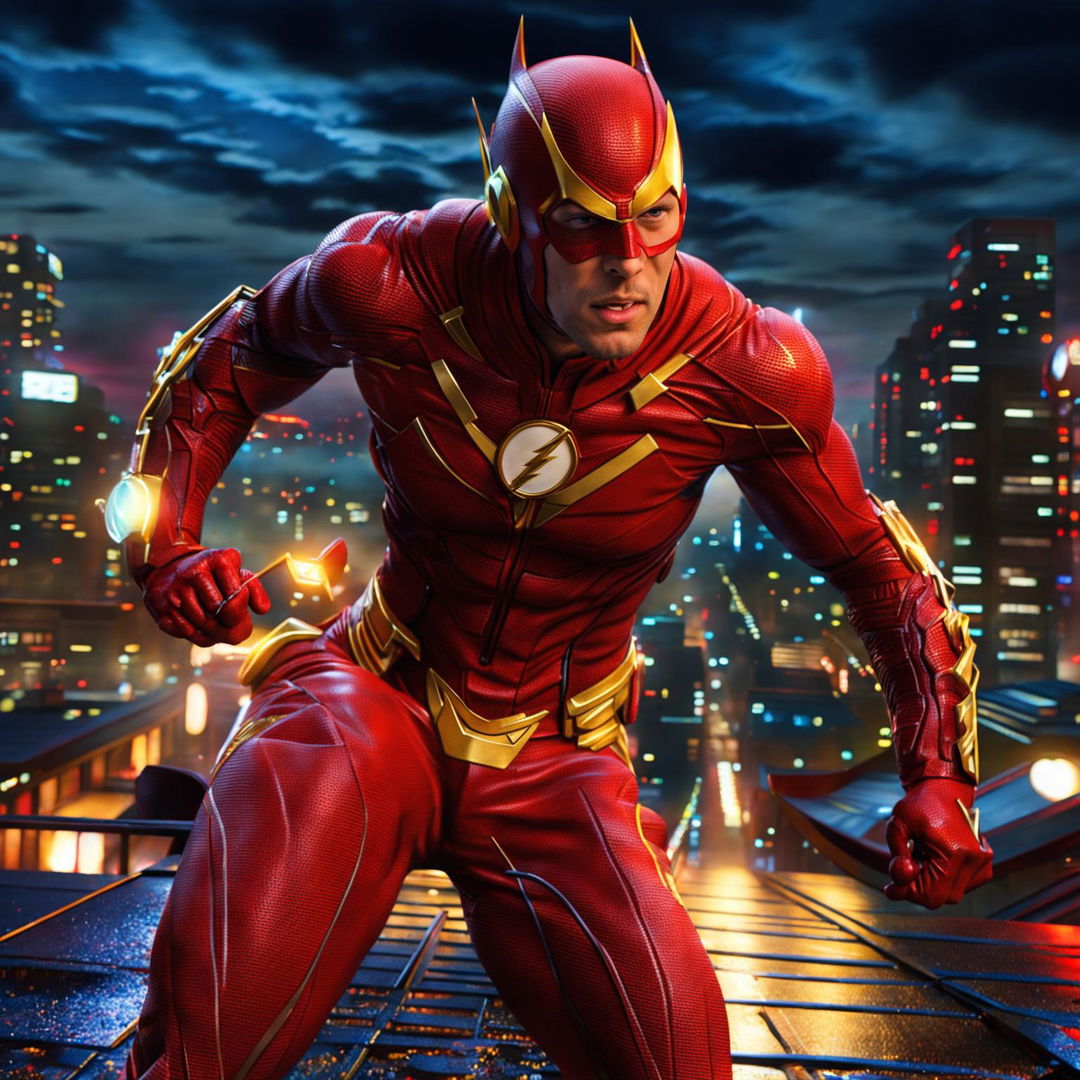 3D render of DC superhero Flash in his iconic red and gold suit against a twilight cityscape.