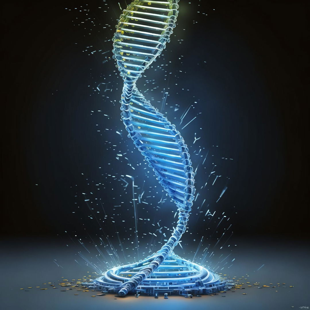 3D render of a DNA helix illuminated by flashes of light.