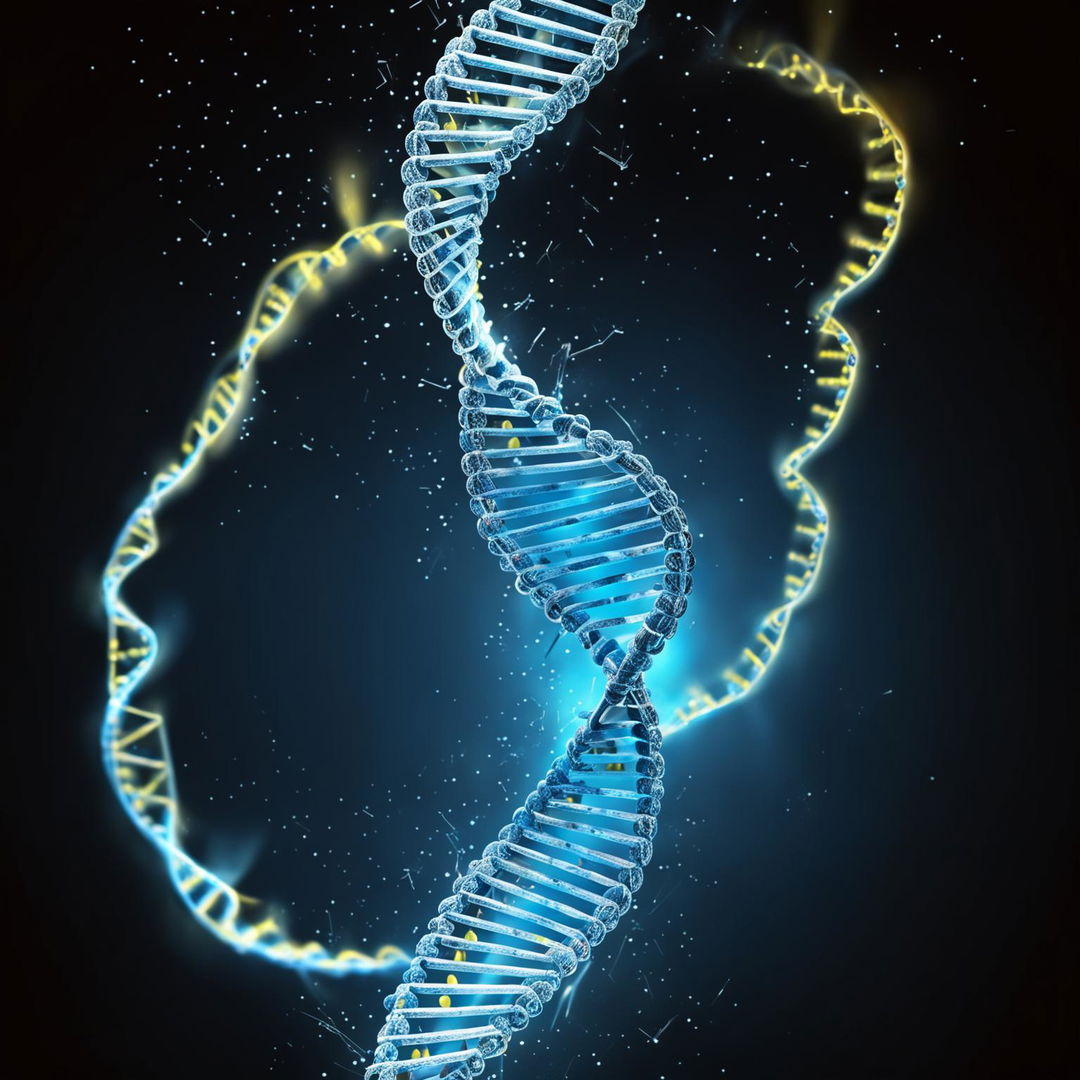 3D render of a DNA helix surrounded by thunderbolts.