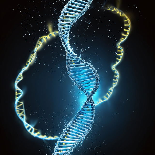 3D render of a DNA helix surrounded by thunderbolts.