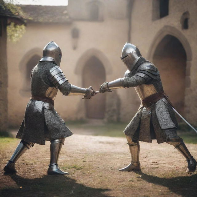 Two brave knights in shimmering armor engaging in a spirited duel amidst a medieval setting