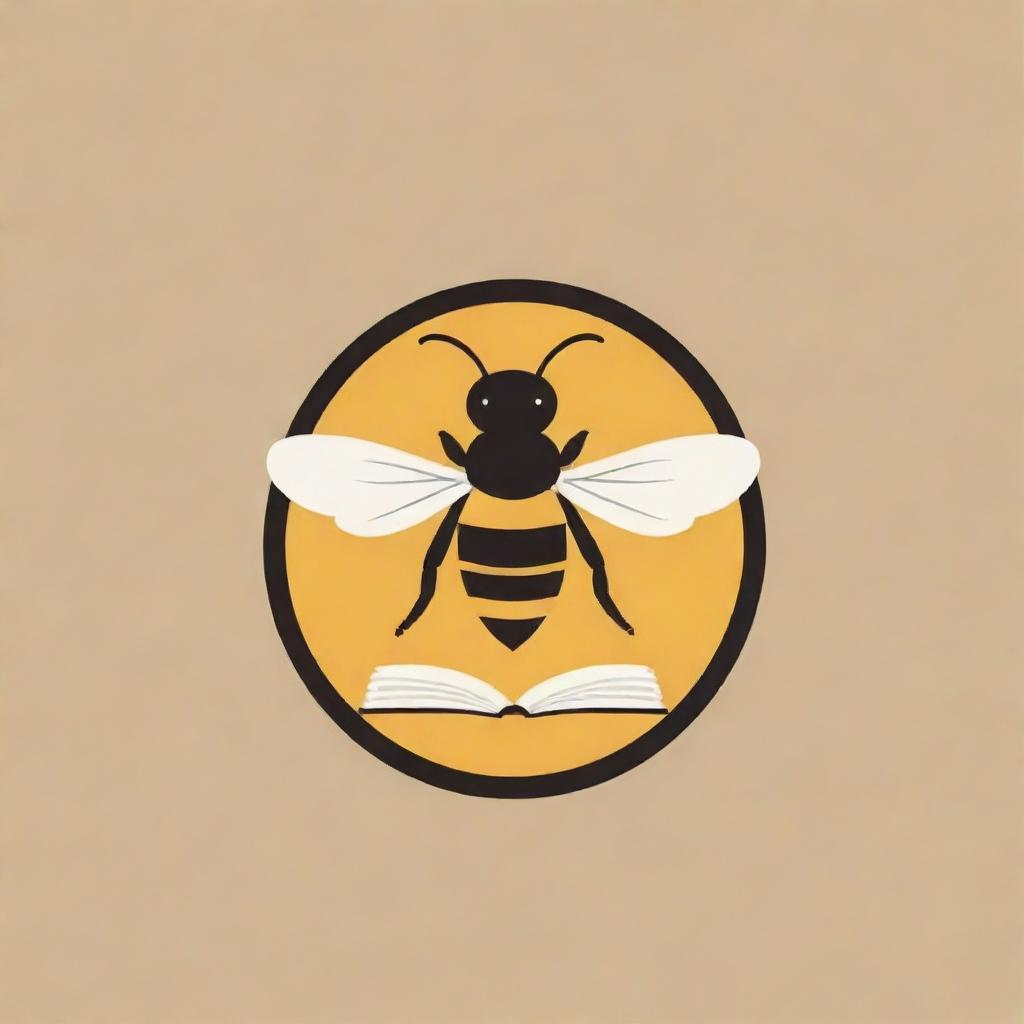 A playful logo featuring a bee and elements of a book