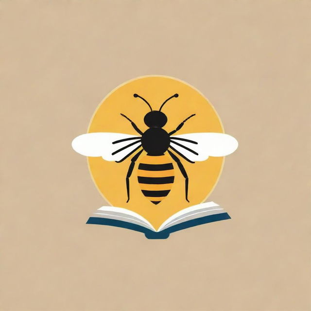 A playful logo featuring a bee and elements of a book