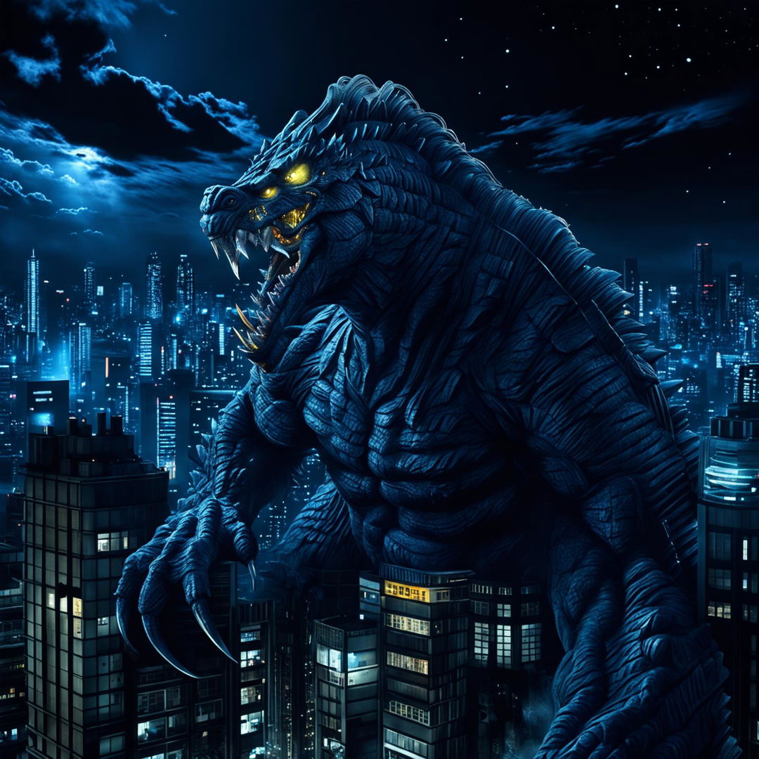 3D render of Godzilla towering over a cityscape at night.