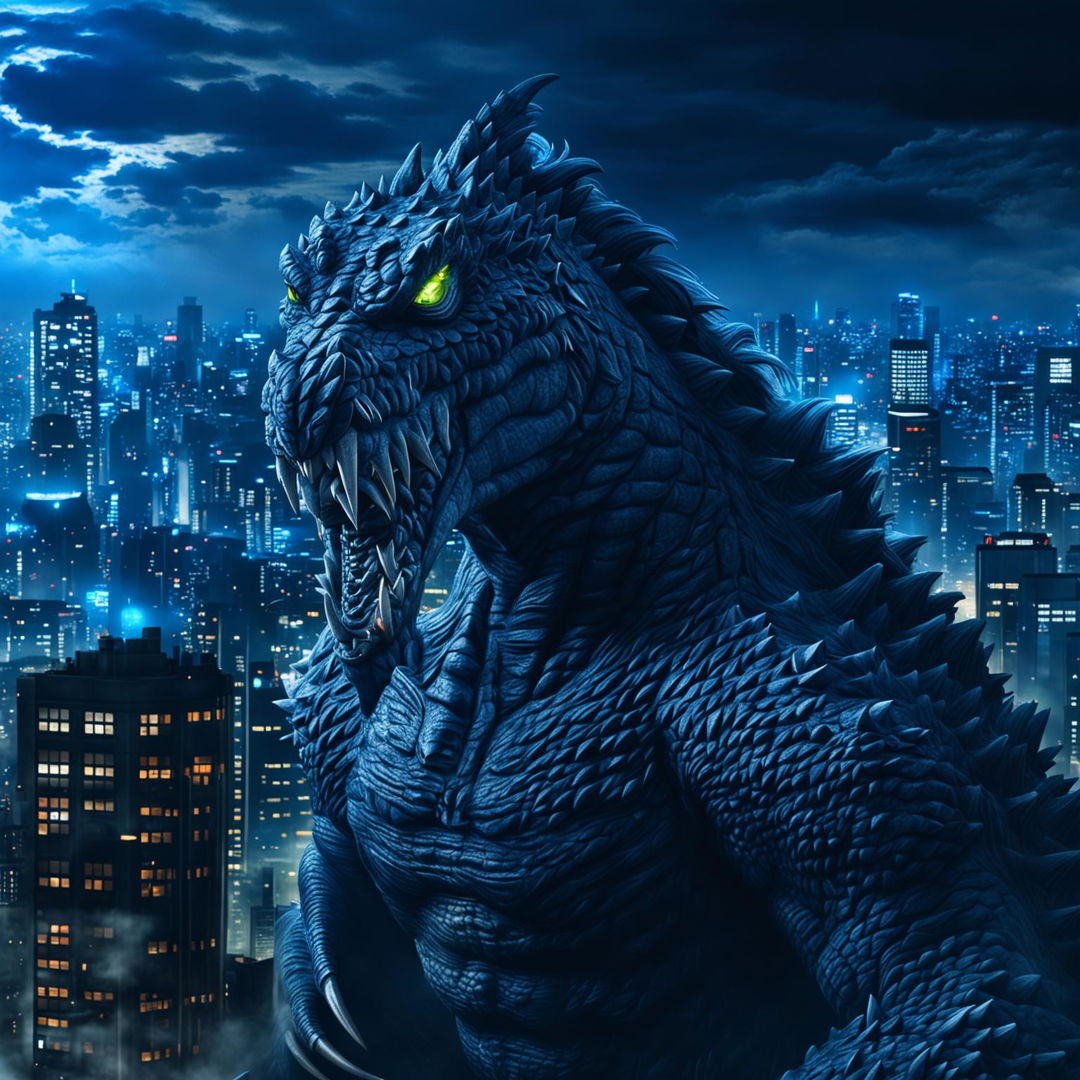 3D render of Godzilla as depicted in the 2022 movie, towering over a cityscape at night.