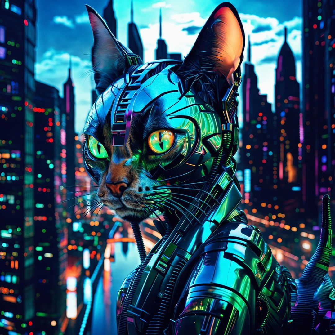 A close-up view of a cybernetic cat on a neon-lit city rooftop, with a high-tech dystopian cityscape reflected in its eyes.