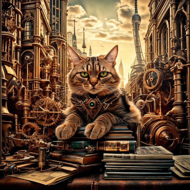 A realistic photograph of a cat with emerald eyes, sitting atop old books and blueprints in a bustling city, with steampunk elements subtly incorporated into its surroundings.