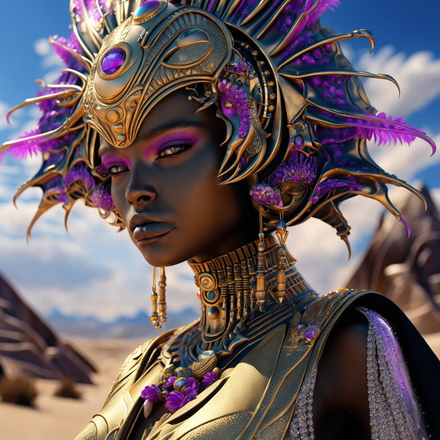 Super close-up, hyper-realistic 3D photograph of a majestic black Egyptian alien female pharaoh in rococo attire against a desert backdrop, with vibrant flowers and alien structures adding to the fantasy vibe.