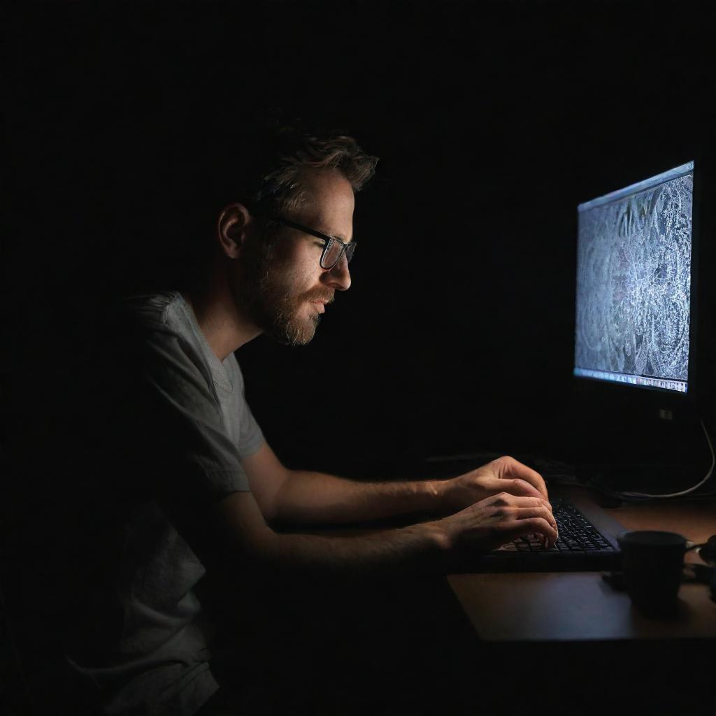 A diligent artist sitting in a completely dark room, engrossed in creating an intricate picture on their brightly lit computer screen.