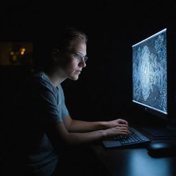 A diligent artist sitting in a completely dark room, engrossed in creating an intricate picture on their brightly lit computer screen.