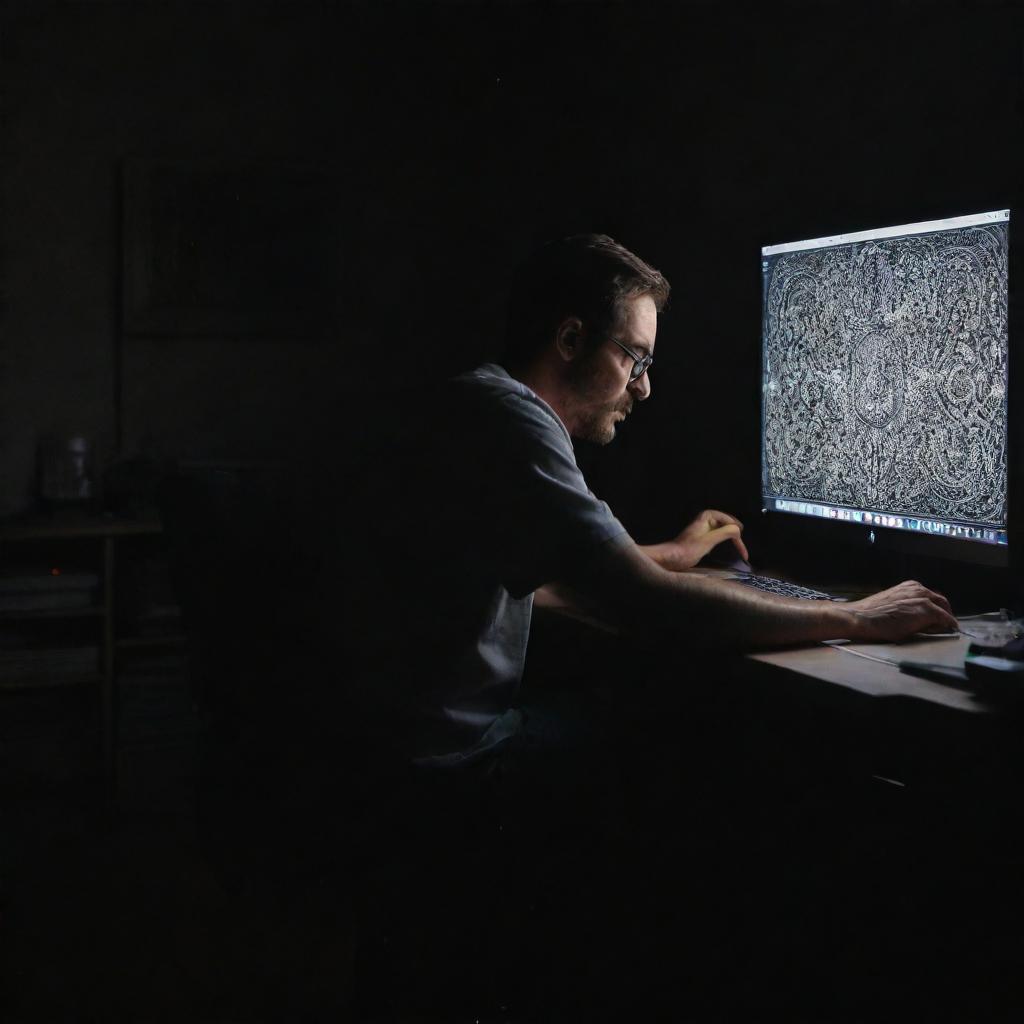 A diligent artist sitting in a completely dark room, engrossed in creating an intricate picture on their brightly lit computer screen.