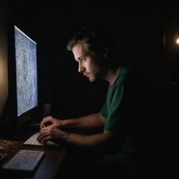 A diligent artist sitting in a completely dark room, engrossed in creating an intricate picture on their brightly lit computer screen.