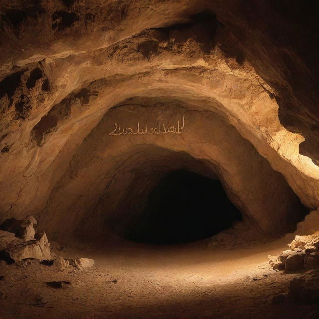 An image of a cavern with the Arabic phrase 'ثانيّ اثنين' inscribed on it