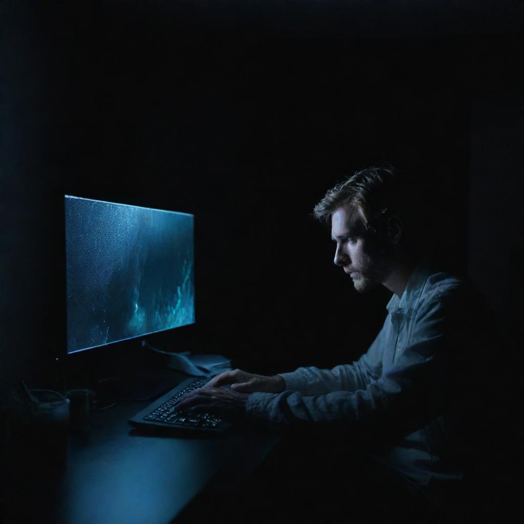 An artist intensely focused on creating a masterpiece on his computer, located in a room submerged in total darkness, with only the glow of the computer screen illuminating the space.