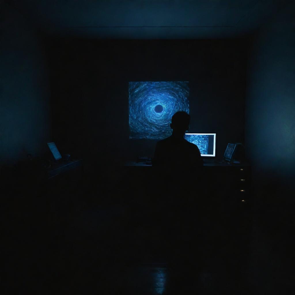 An artist intensely focused on creating a masterpiece on his computer, located in a room submerged in total darkness, with only the glow of the computer screen illuminating the space.