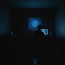 An artist intensely focused on creating a masterpiece on his computer, located in a room submerged in total darkness, with only the glow of the computer screen illuminating the space.