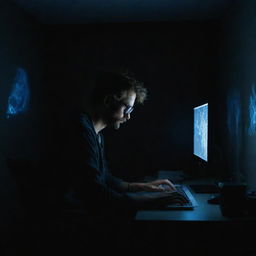 An artist intensely focused on creating a masterpiece on his computer, located in a room submerged in total darkness, with only the glow of the computer screen illuminating the space.