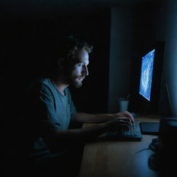 An artist intensely focused on creating a masterpiece on his computer, located in a room submerged in total darkness, with only the glow of the computer screen illuminating the space.