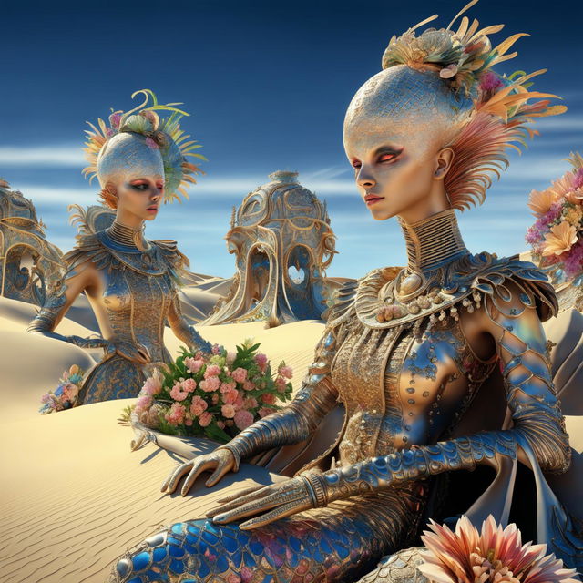 Hyper-realistic 3D rococo photography featuring Egyptian aliens in an opulent desert landscape. Vibrant colours, fantasy vibes, and high-definition details create a visually striking image.